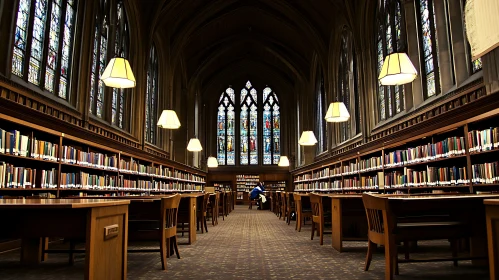 Grand Library with High Ceilings and Wooden Furniture