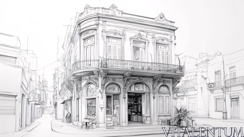 Classic Urban Street Corner in Pencil Drawing AI Image