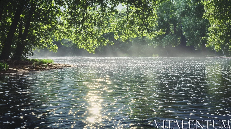 Sunlit River with Overhanging Trees AI Image