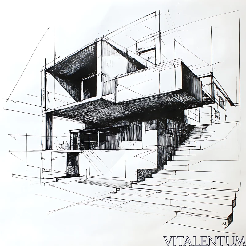 Black and White Modern Building Design Sketch AI Image