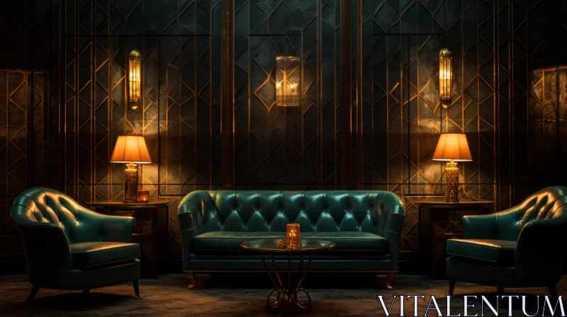 Elegant Lounge with Blue Leather Couches and Antique Lamps AI Image