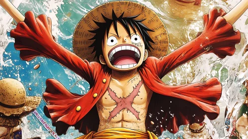 Lively Anime Hero with Straw Hat and Red Shirt