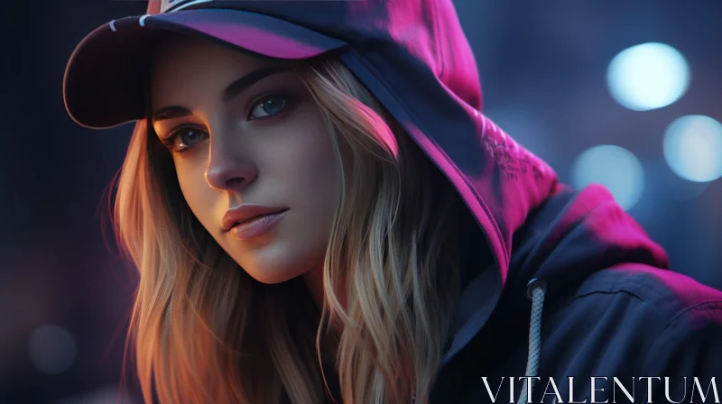 Stylish Urban Portrait of a Young Girl Wearing a Hat and Hoodie AI Image