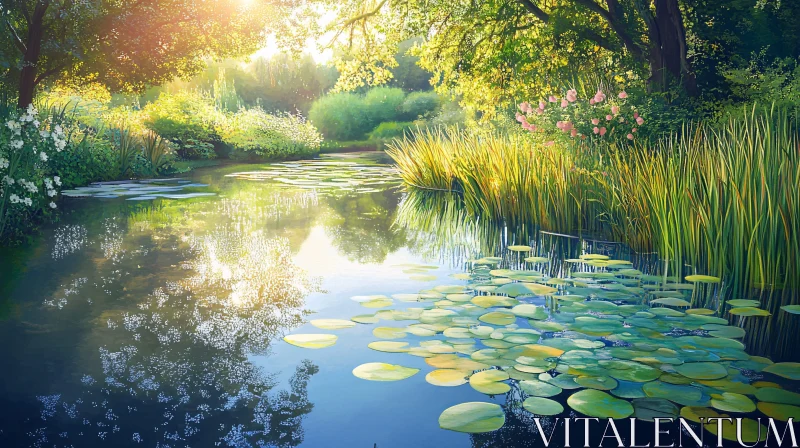 Lush Lakeside with Lily Pads and Flowers AI Image