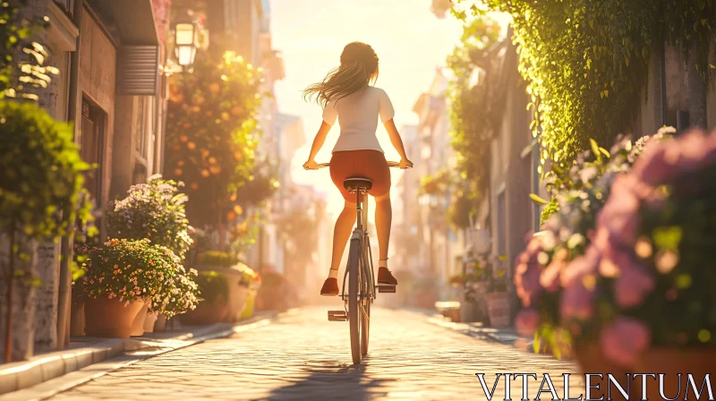 Girl's Bicycle Ride in Sunlit Flower Street AI Image