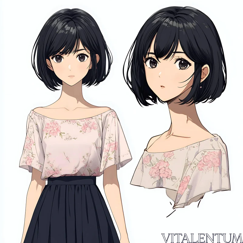 Anime Character Portrait with Floral Top AI Image