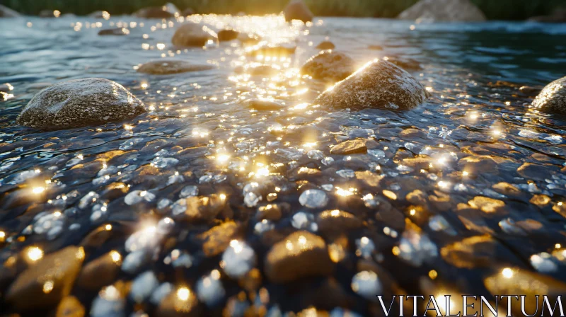 Sunlit Sparkles on River Pebbles AI Image