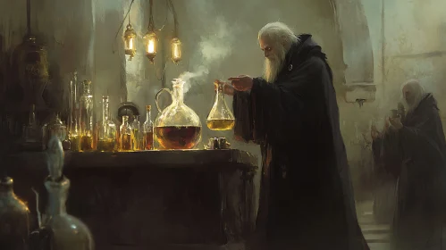Magical Alchemist Mixing Potions Still Life