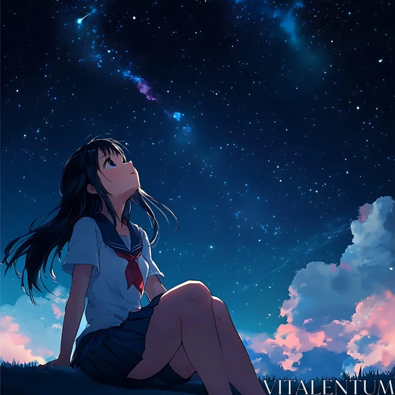 Tranquil Night: Anime Girl Under the Stars AI Image