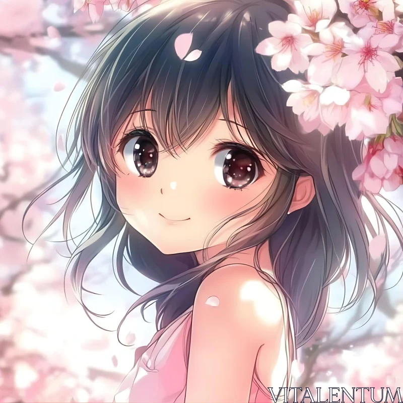 Gentle Anime Portrait Amidst Blooming Cherry Blossoms AI Image