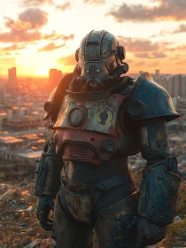 Cyborg in Armored Suit During Sunset