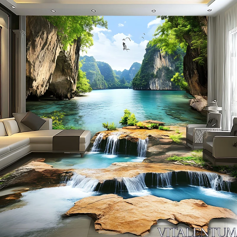 Living Room Featuring Nature Mural and Waterfall Floor AI Image