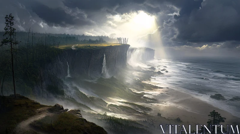 Ethereal Coastal Landscape with Waterfalls and Dramatic Light AI Image