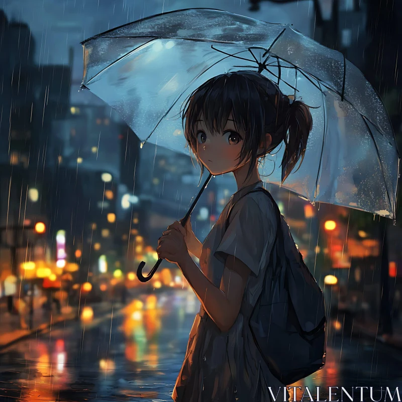 Serene Anime Girl in Rainy Night with City Lights AI Image