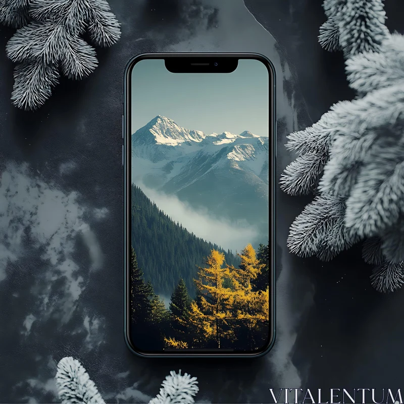 Winter Mountain Landscape on Mobile Screen AI Image