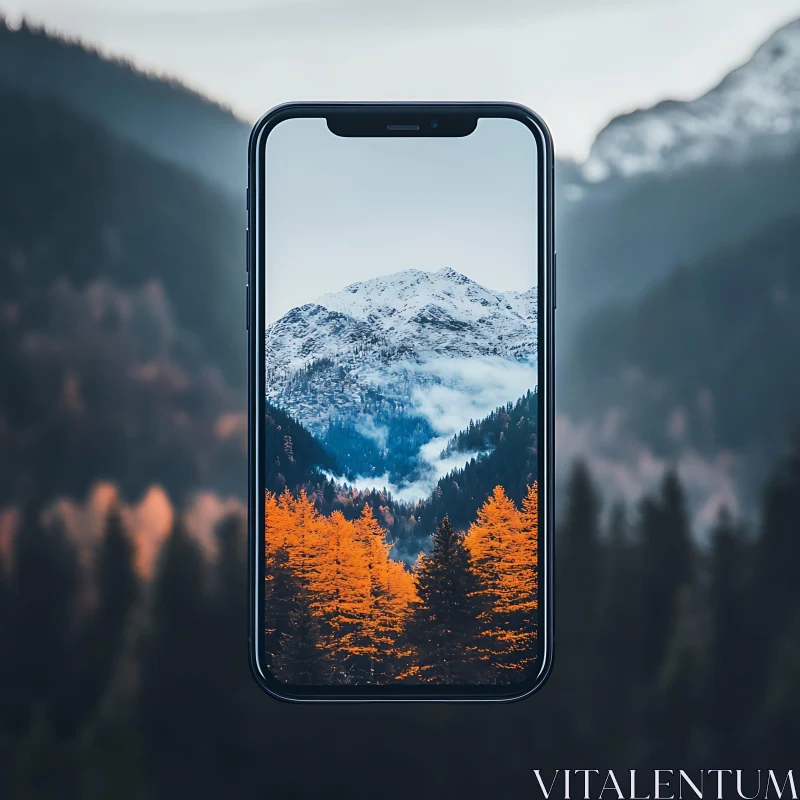 Mountain Scene on Phone Display AI Image