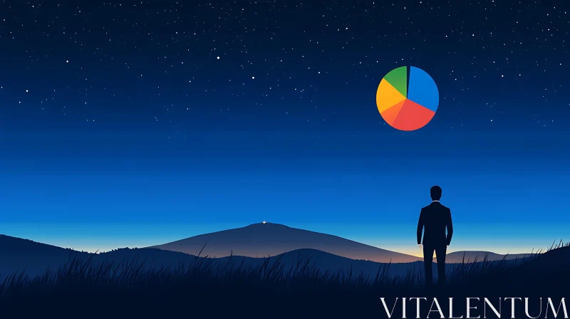 Silhouette Contemplates Pie Chart Under Stars AI Image