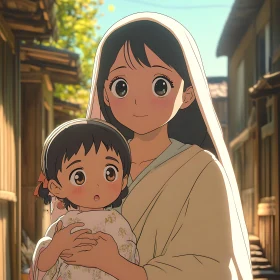 Anime Mother and Child in Serene Village