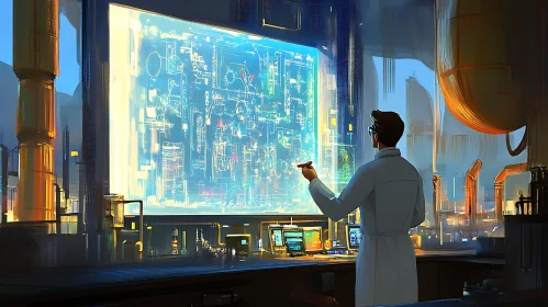 Scientist Analyzing Technical Blueprint