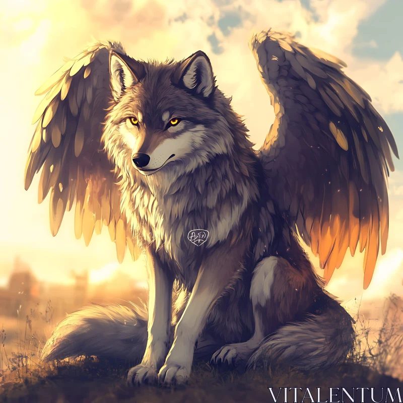 AI ART Angelic Wolf with Golden Wings