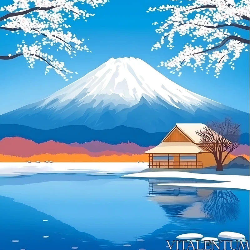 AI ART Tranquil View of Mount Fuji with Blossoms