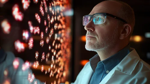 Man in Lab Coat Examining Digital Display