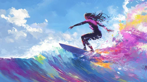 Surfer Girl Riding Colorful Wave
