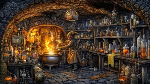 Alchemist at Work in Ancient Laboratory