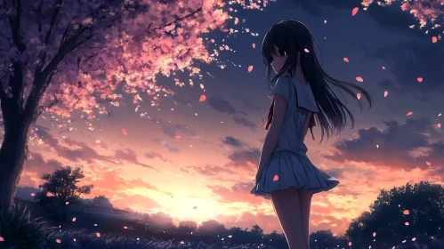 Serene Sunset with Anime Girl and Cherry Blossoms