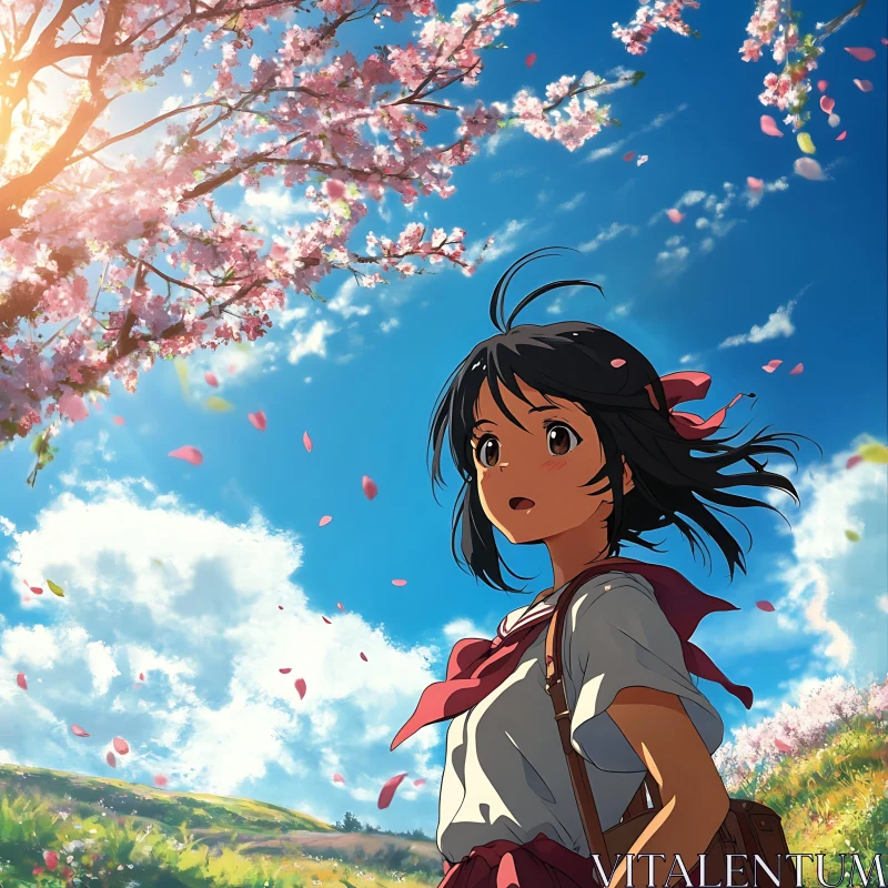 Serene Anime Scene of a Girl in Spring AI Image