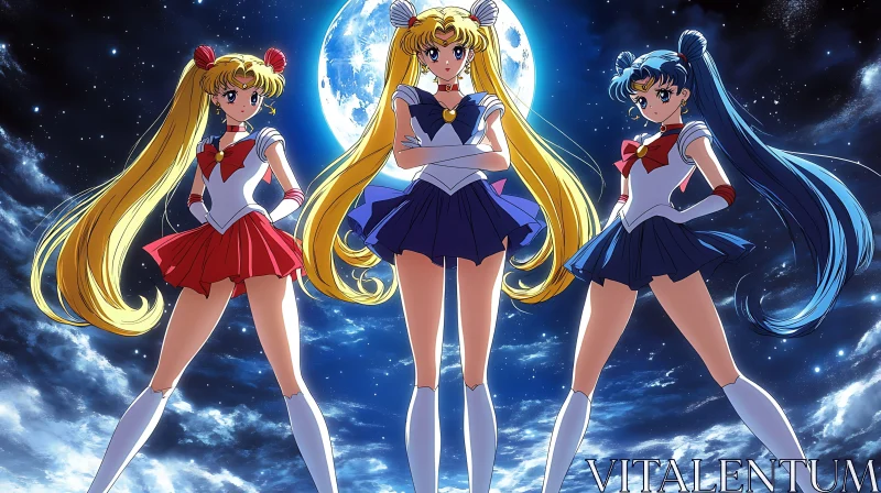 Anime Magical Girls in Night Sky AI Image