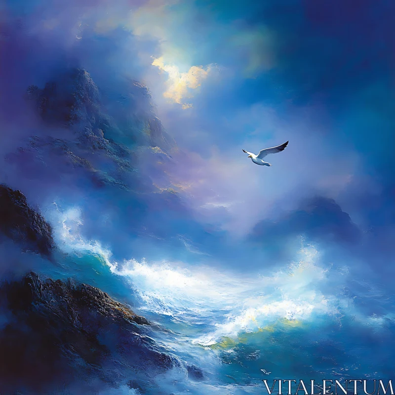 Seagull Over the Stormy Sea AI Image