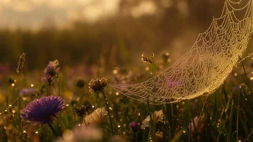 Sunrise Spiderweb in Flowering Meadow