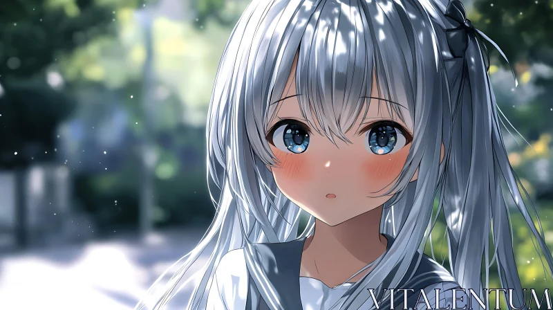 Peaceful Anime Girl with Silvery Hair and Pigtails AI Image