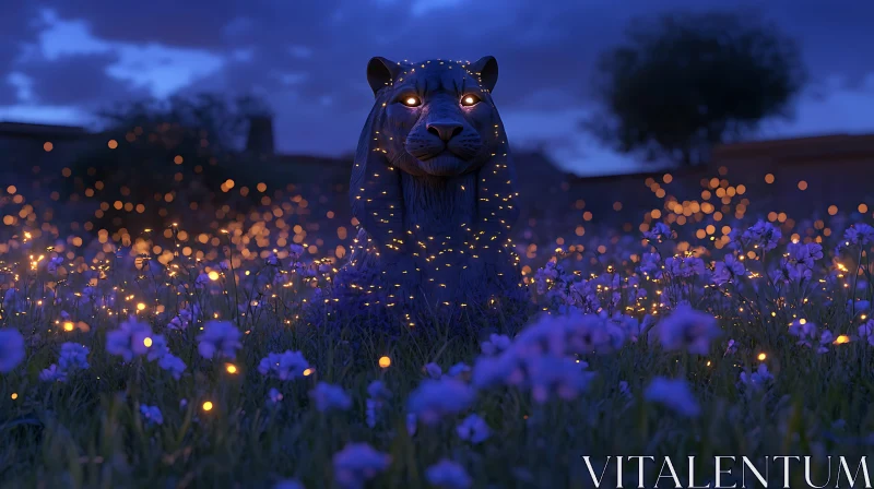 Glowing Panther Statue in Flower Field AI Image