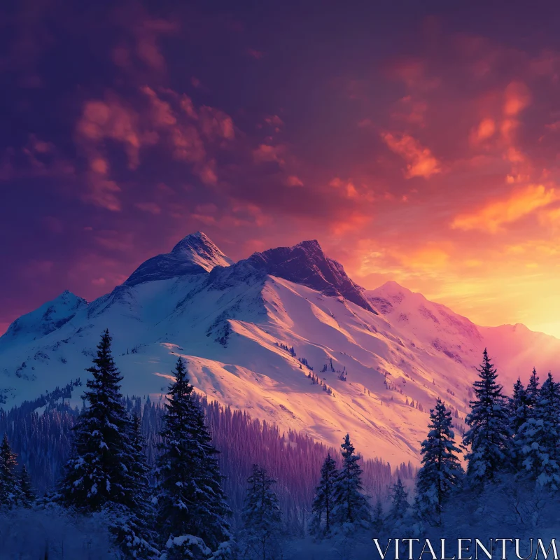 Winter Mountain Sunset Landscape AI Image