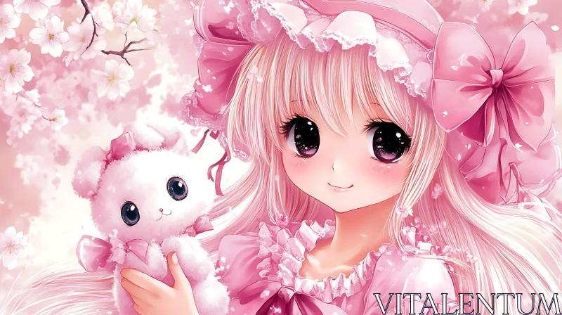 AI ART Delightful Anime Girl in Pink with Blossom Background