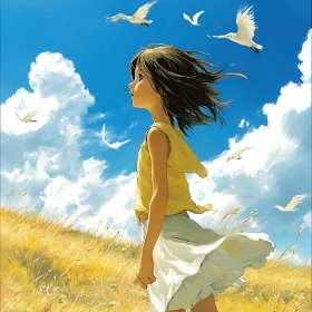 Girl in Windy Field with Birds and Blue Sky