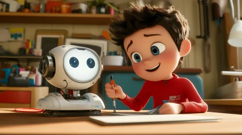 Cartoon Boy with Robot Friend