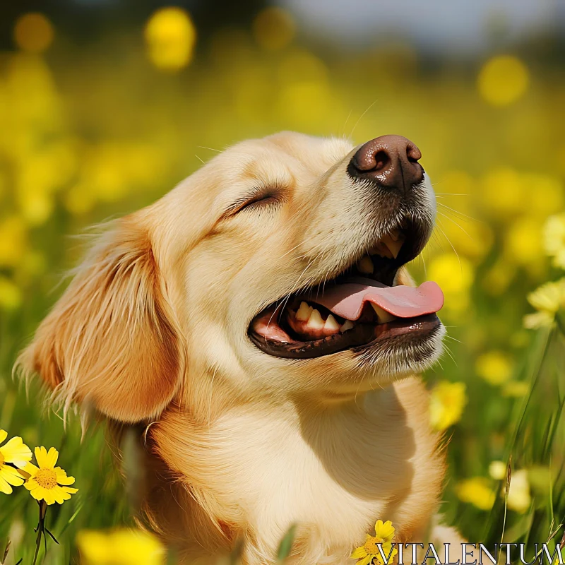 Joyful Golden Retriever Amidst Blooming Yellow Flowers AI Image