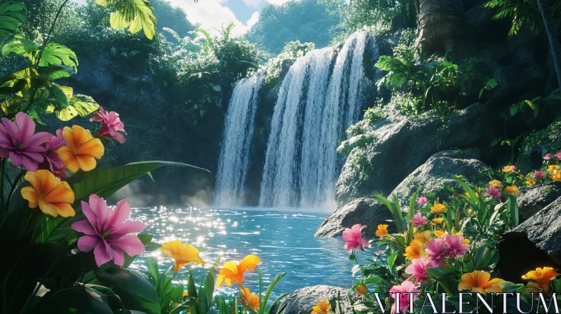 AI ART Scenic Waterfall Amidst Tropical Flowers