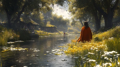 Serene Meadow by the River with Cottages