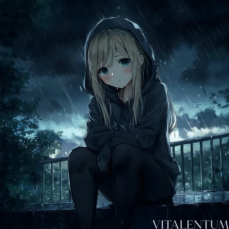 Anime Girl in Hoodie in Rainy Night Scene AI Image