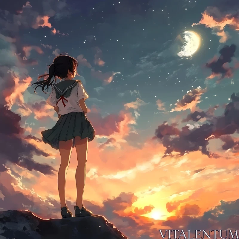 AI ART Anime Girl Watching Evening Sky