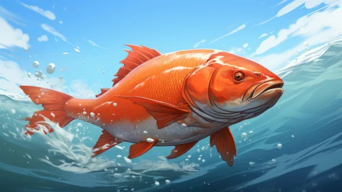 Red Fish Swimming in Ocean - Illustrative Artwork