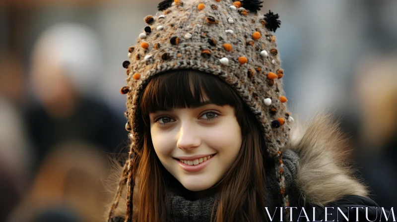 Urban Life: Young Woman in Brown Hat on a Cold Day AI Image
