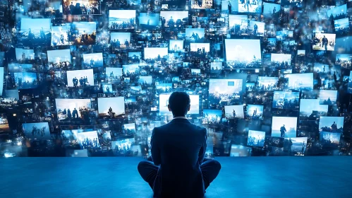 Man Meditating Before a Wall of Screens