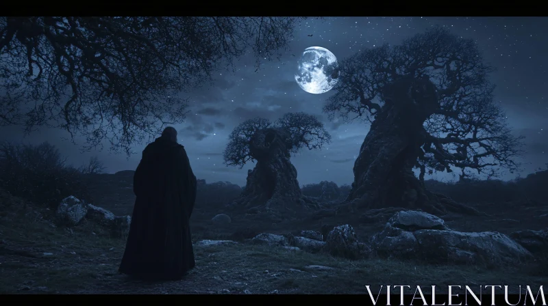 Moonlit trees with figure AI Image