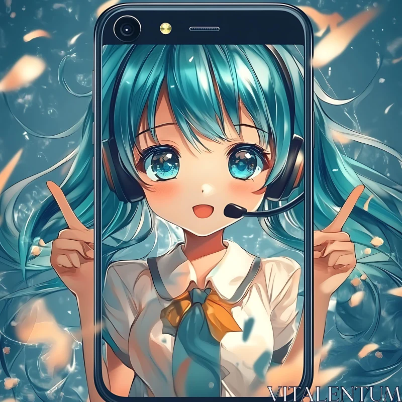 Cute Anime Girl in Headset Inside Phone AI Image