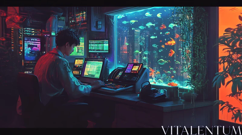 Tech Station with Aquatic Ambiance AI Image